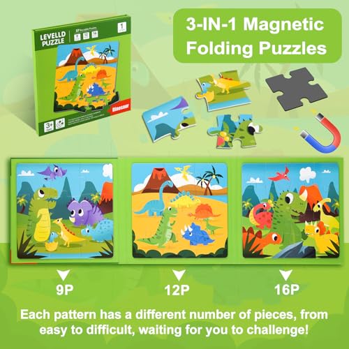 Image of ASTARON Magnetic Puzzles,61 Pieces Dinosaur Kids Educational Travel Toys | Folding puzzle book, each book contains 3 scenes, 3 difficulty levels, advanced puzzle book, easy to store, educational toy