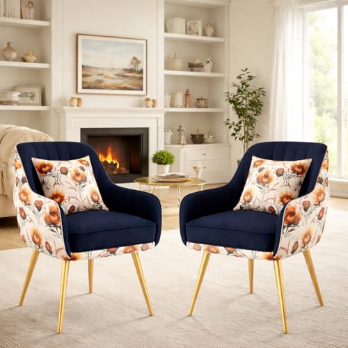 Image of Velvet Accent Chair | Luxury Upholstered Armchair with Sturdy Metal Legs | Modern Comfortable Chair for Living Room, Bedroom, Office, or Cafe (Golden Legs, Blue Floral)