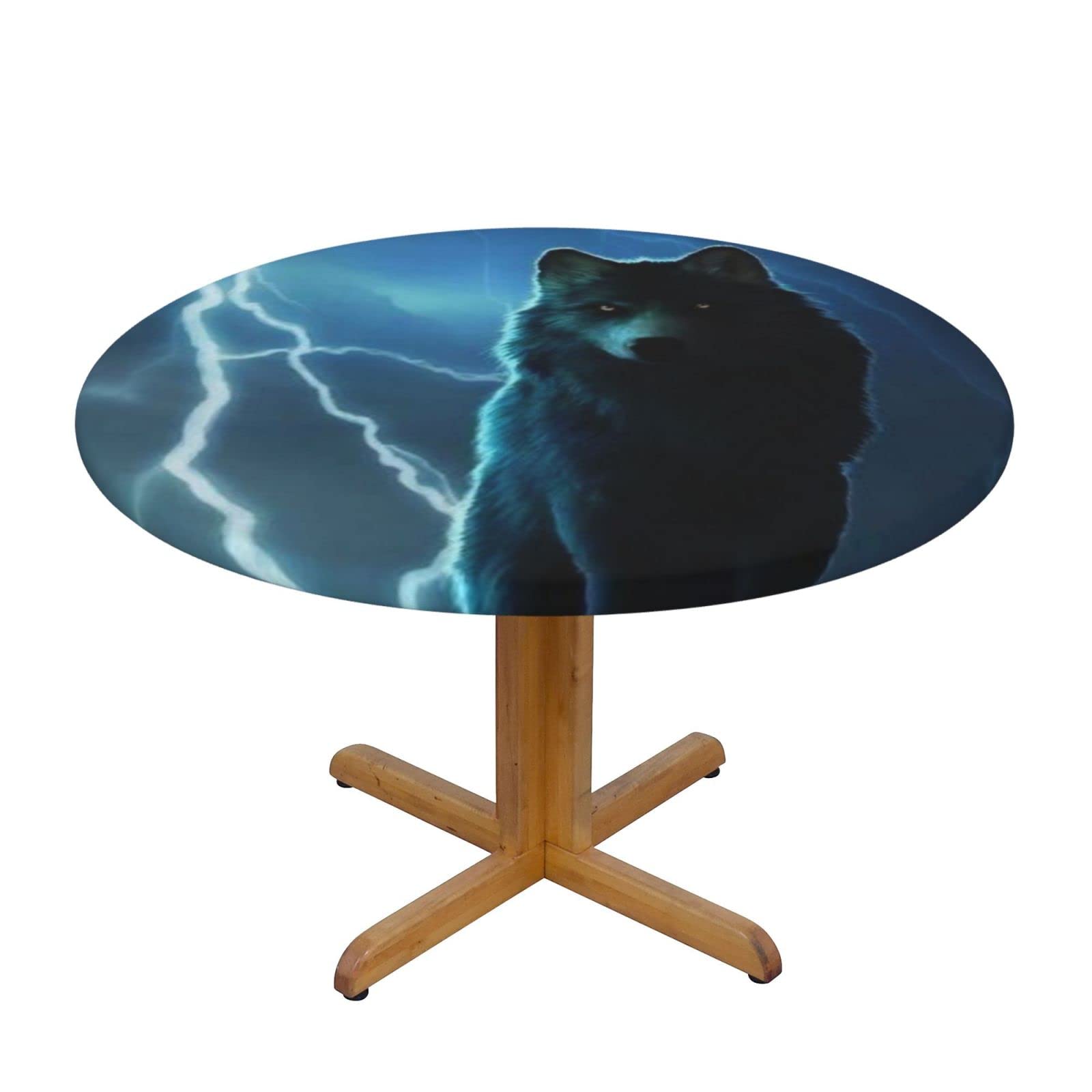 Lsjuee Round Fitted Tablecloth 40-44in Elastic Edged Table Cloth for Kitchen Dining Party Home Decor - Wolf Night Lightning Black