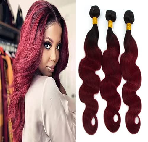 Burgundy Bundles Human Hair Body Wave Brazilian Remy Hair Bundles Tow Tone Hair Bundle Wet And Wavy Hair Extensions For Women Body Wave Ombre Bundle Weave 26 28 30 inch