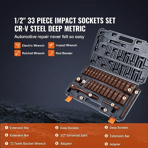 Image of VEVOR Impact Socket Set 1 /2 inch Drive, 33-Piece SAE (3 /8 to 1 inch) & Metric (10 to 24 mm) Size, CR-V, 6 Point Standard Deep Socket Set with Extension Bar, Universal Joint, Adapter, Reducer