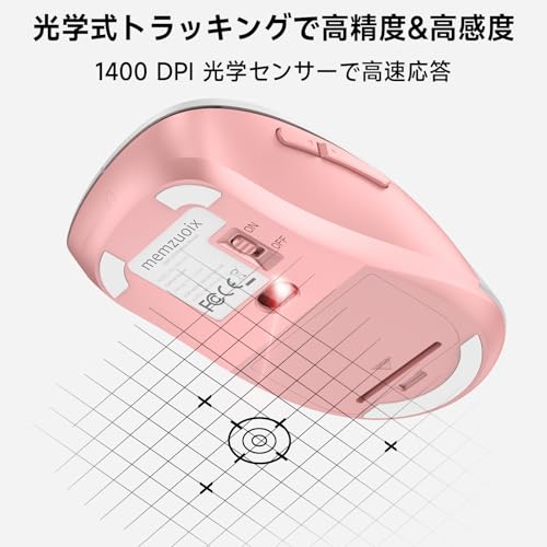 memzuoix ワイヤレスマウス 無線 2.4GHz 人間工学デザイン 長時間使用で疲れにくい 1400DPI 高精度光学トラッキング 即插即用 USB レシーバー付属 5ボタン PC ノー トMacBook Chrome OS 対応、ホワイト＆ピンク