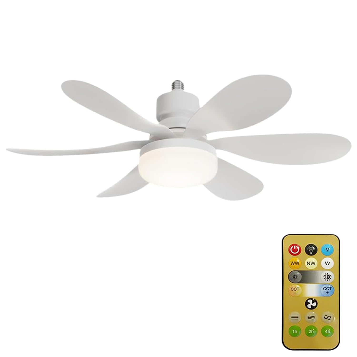 Ceiling Fans with Lights, Socket Fan Light, E27 40W Screw in Fan Light, 6 Blades Socket Ceiling Fan, Dimmable 3 Color Temperatures Modern Fan Lamp for Bedroom Living Room (White)