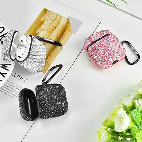 Newseego Compatible With Airpods 1 & 2 Case, Keychain+Anti-Lost Strap+Ear Hooks+Watch Band Holder,Protective Bling Crystal Glitter Luxury Shining Diamond Rhinestone Gift Scratch/Drop Proof-Black #TOP5