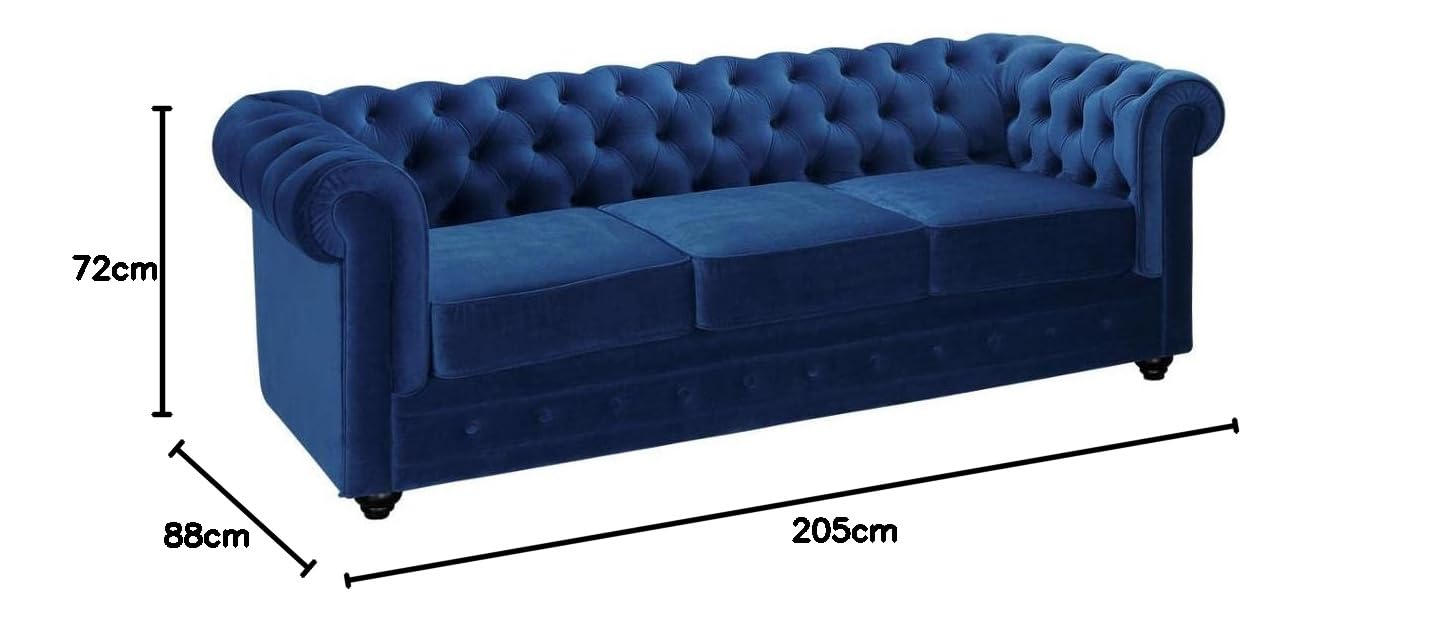 Vente-unique - Sofá Fijo 3 plazas Chesterfield - Terciopelo - Azul eléctrico | Forma mítica Chesterfield, asiento desenfundable