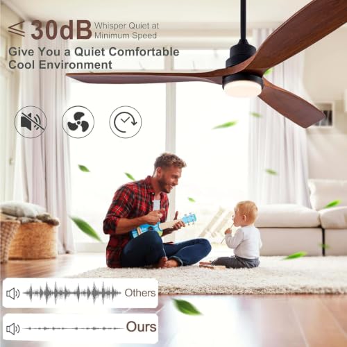 Image of QUTWOB 56 inch 3-Blade Wood Ceiling Fan with Light & Remote, Indoor Outdoor