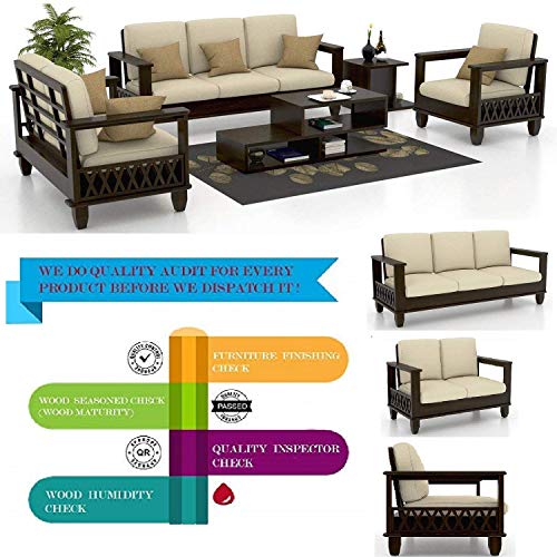 Image of Sheesham Wood Oak Finish 3+2+1, 6 Seater Sofa Set for Living Room with Cream Cushion (71 x 28 x 30 Inch, 2 Seater: 50 x 28 x 30 Inch, 1 Seater: 29 x 28 x 30 Inch)