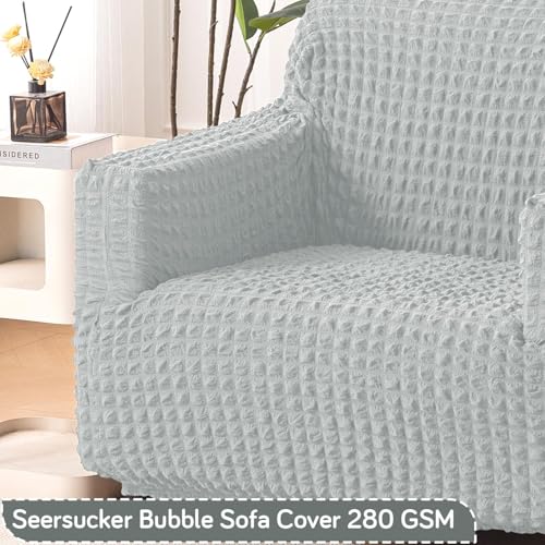 Image of HOKIPO 'Aria Nova' Elastic Stretchable 280 GSM Bubble Sofa Cover for 1 Seater, Light Grey (NEW-AR-6208-LGRY)