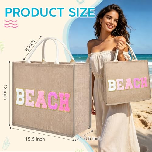 Bolso playero grande para mujer de paja tejida con parches de chenilla miniatura 2