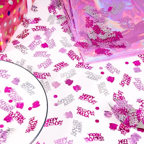 Image of Hot Pink and Silver Happy Birthday Confetti, 3000 Pcs Birthday Cake Table Metallic Foil Confetti Party Table Decor for Party, Baby Shower, DIY Arts and Crafting