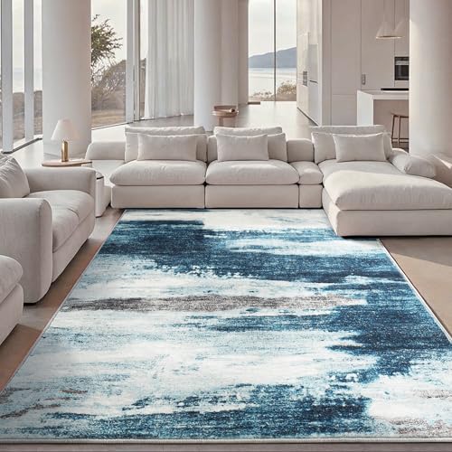 Carvapet 8x10 Blue Abstract Area Rug – Modern Large Washable 8 x 10 Low Pile Carpet with Rubber Backing, Foldable Non Slip Thin Rugs for Living Room, Bedroom, Dorm
