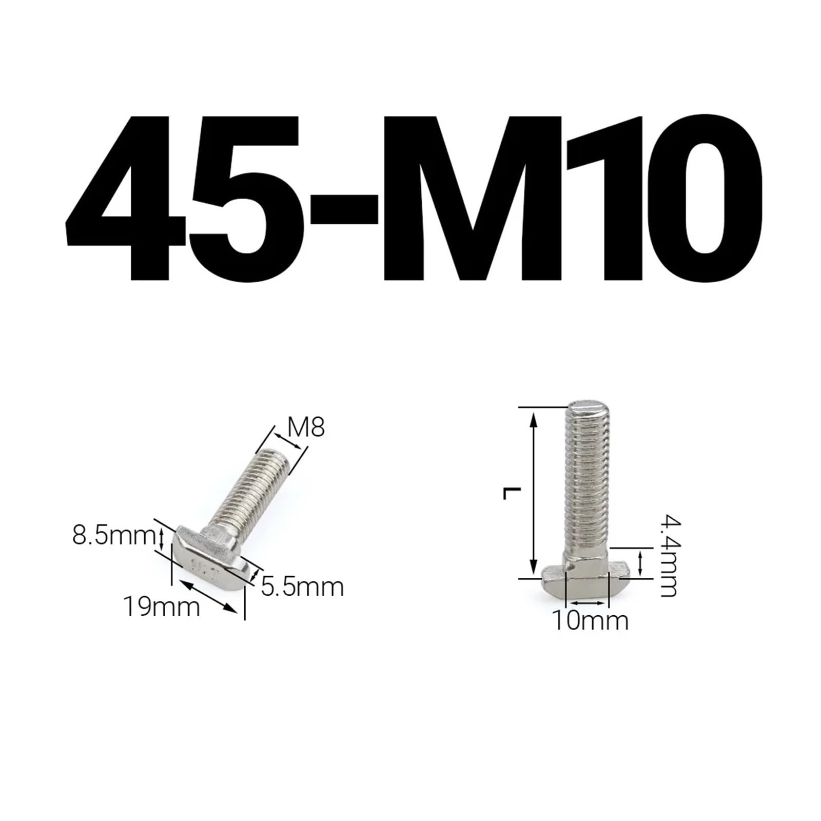 50Pcs M5 M6 M8 M10 Nickel Plated Steel T Hammer Head T Bolt Connector T Head Bolts Screws For 20/30/40/45 Aluminum Profiles(4545-M10,30mm)