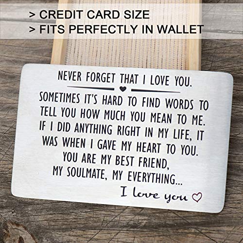 Anniversary Wallet Insert Card for Men or Women - Never Forget That I Love You, Engraved Wallet Insert for Boyfriend Husband Him, Birthday Wedding Deployment Gifts Cards for Couples4
