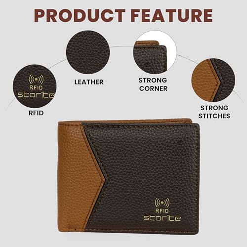 Image of Storite Men's RFID Blocking Bifold Wallet - Slim Genuine Leather Wallet with 2 ID Windows, Card Slots & Coin Pocket Mens Wallet (Tan & Brown)