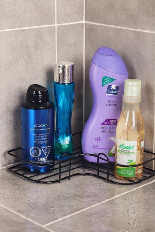 FIT N FORGET Bathroom Organiser Without Drill | GI Steel Self Adhesive Bathroom Shelf | Wall Stand | Accessories Organizer | Black CED Powder Coated | Pack of 1