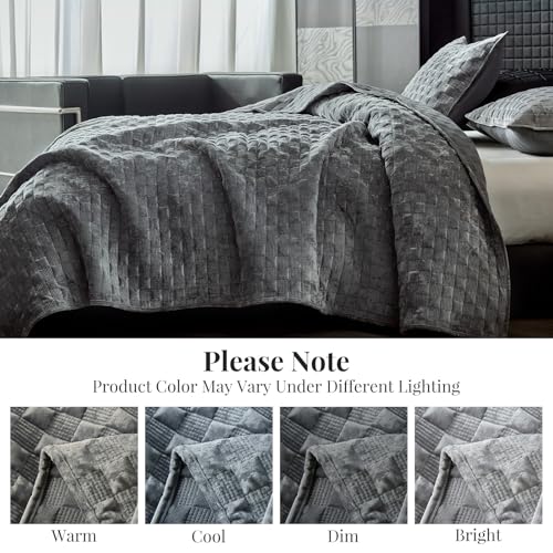 WARMDERN Luxury Velvet Quilt Queen Size, Geometrical Stitch Quilts Set, Soft Lightweight Bedspread and Coverlet, Light Grey Bedding with 2 Pillow Shams for All Season, 90" x 96"