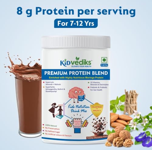Image of KidVediks Kids Nutrition Drink Mix | Ages 7-12 | Pack of 3 ( 350gm Each) - 8g Protein /Serving | 5 Premium Protein Sources | 23 Vitamins & Minerals | No Refined Sugar, Artificial Flavours or Preservatives| Yummy Chocolate Flavour | Supports Healthy Growth & Immunity