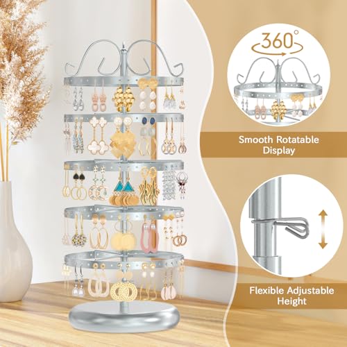 Image of Modowey Rotating Earring Holder Organizer Stand, 5 Tier Metal Tree Display for Women Vendors, 220 Hole Adjustable Jewelry rack for Stud Hoop Dangle Storage, Trendy Carousel Keeps Dresser Neat, Silvery