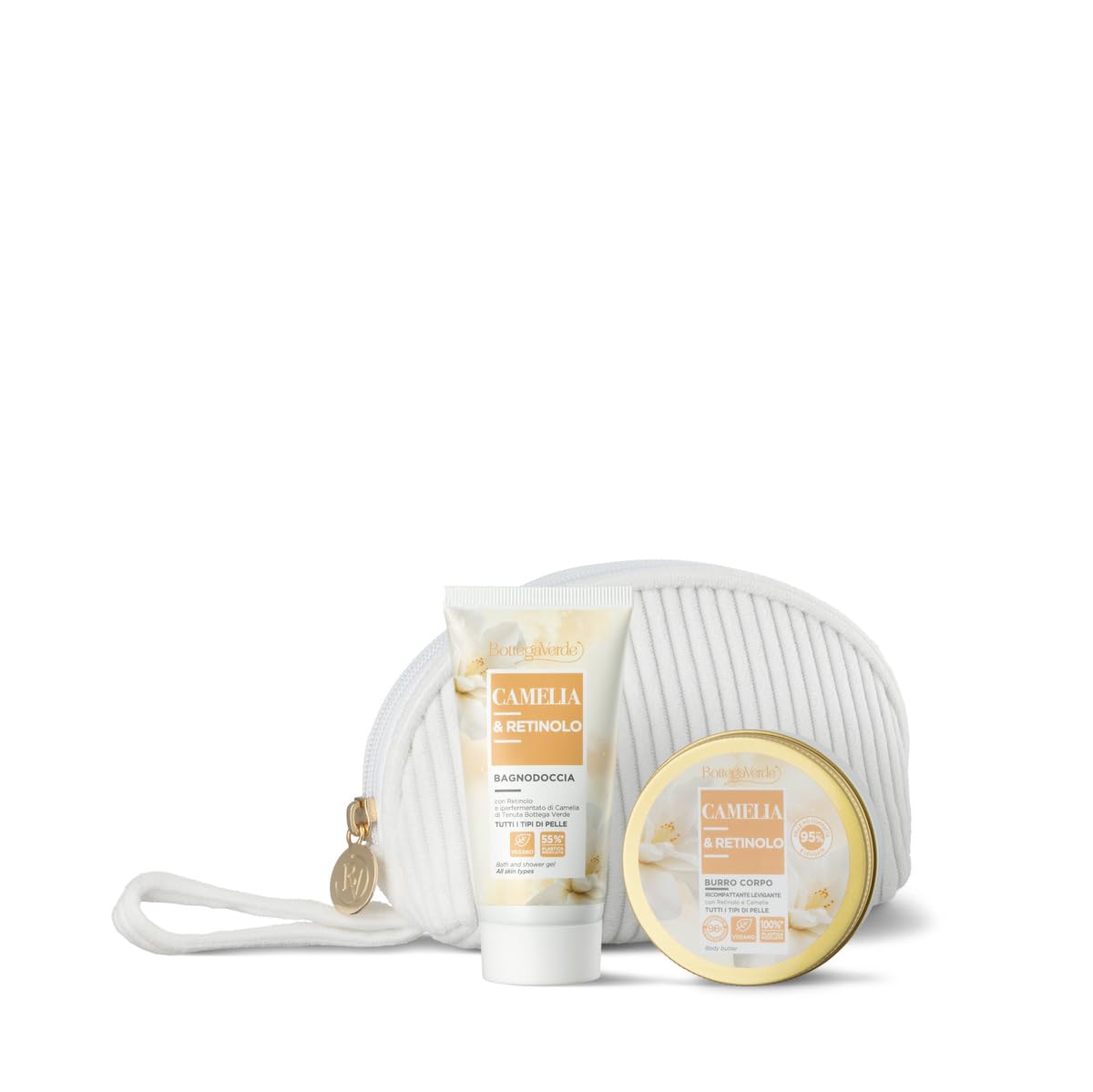 Bottega Verde - Cofanetto Regalo Camelia e Retinolo con Pochette, Bagnodoccia 50 ml e Burro Corpo 50 ml, Idea Regalo