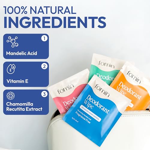 Image of FOMIN Acidified Deodorant Wipes for Women & Men - 50 Count Variety Pack | Individually Wrapped Mini Deodorant Wipes, Travel Size - Plastic-Free, pH Balanced Underarm & Body Wipes - Fits Any Bag