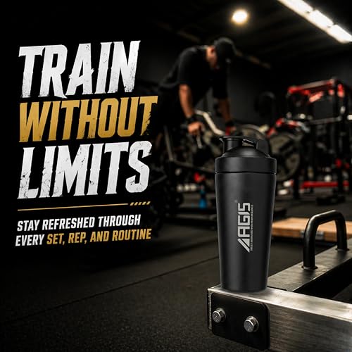Image of AGIS Steel Shaker Stainless Steel 700ml Leakproof Shaker Bottle with Measurement Marking, Perfect for Fitness Enthusiast & Athletes, Ideal for Mixing Protein Shakes & Pre-Workout Formula (Black)