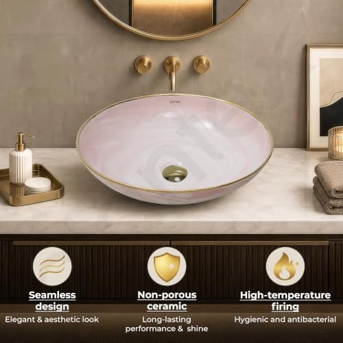 Image of Plantex Wash Basin /Ceramic Table Top Wash Basin /Designer Countertop Basin for Bathroom /Restaurants /Hotel (Pink & Gold - 16.5 x 16.5 x 4 Inch)