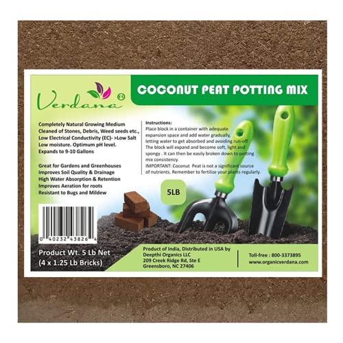 Verdana Coconut Fiber Potting Mix â€“ 5 Lb Pack - 4x 1.25 Lb Compressed Bricks - Coco Coir, Coco Peat, Coir Pith - Alternative to Peat Moss â€“ Soilless Growing Medium - Low EC, Optimum pH, High Expansion