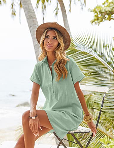 Image of Zeagoo Womens Cotton Shirt Dress Summer Casual Short Sleeve Button Down Beach Cover Up Shirts with Pockets
