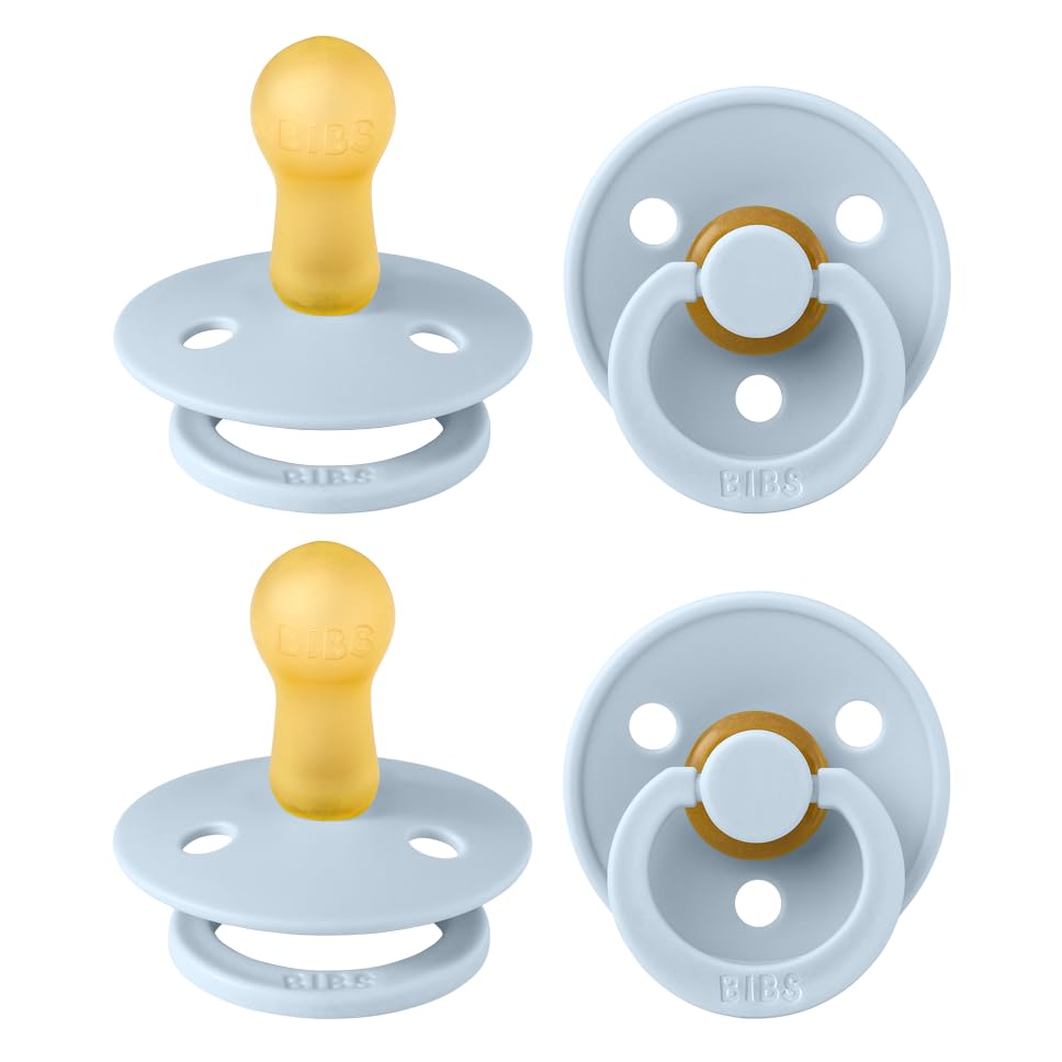 Image of BIBS Color Pacifier 4-Pack, BPA Free Soother Pacifier, Round Nipple. Natural Rubber Latex, Made in Europe, Size 2 (6-18 Months), Baby Blue