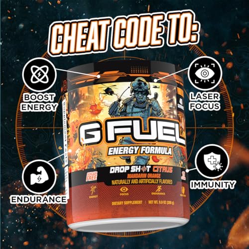 Image of G Fuel Drop Shot Citrus Energy Drink Powder, Pre Workout Caffeine Mix for Gaming, Sugar Free Focus Amino, Vitamin + Antioxidants, 9.9oz (Mandrin Orange, 40 Servings)
