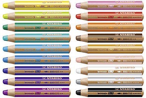 Kleurpotlood, aquarelpotlood en waskrijt in één- STABILO woody 3 in 1 - ARTY - 18 stuks met puntenslijper en penseel… - Image 3