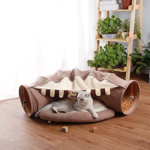 Image of LEFTSTARER 2-in-1 Collapsible Cat Tunnel for Indoor Bed and Hideout - Pet Dog Rabbit Bunny Ferret Tunnel Tubes Toys with Removable Washable Mat, Tower Wheel Stuff