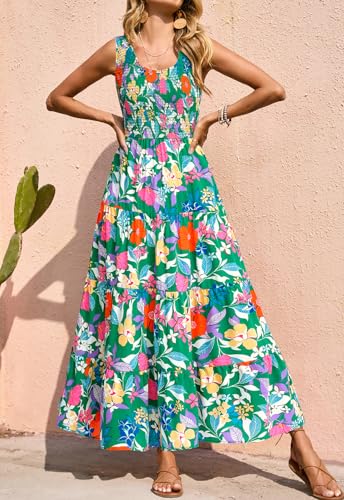 Image of PRETTYGARDEN Smocked Tank Floral Maxi Dresses for Women 2026 Wedding Guest Dress Sleeveless Flowy Long Sundress with Pockets
