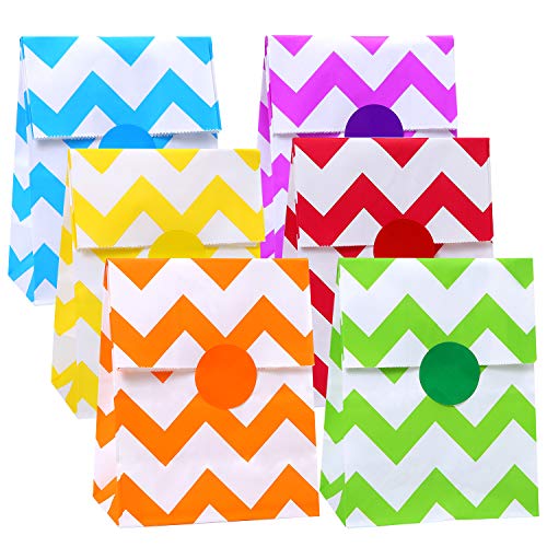 Tupa 30 Pieces Paper Party Bags Flat Bottom Kraft Gift Bags Lunch Paper Bags Grocery Bags Craft Paper Bags with 48 Pieces Label Stickers, 6 Colors