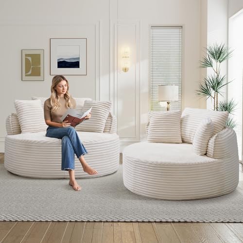 Image of Antetek 53.5-inch Round Chair, Modern Accent Corduroy Comfy Deep Seat Boneless Foam Floor Single Circle Chaise Sofa Chair with 3 Pillows for Living Room Bedroom Office, No Assembly Required, Beige