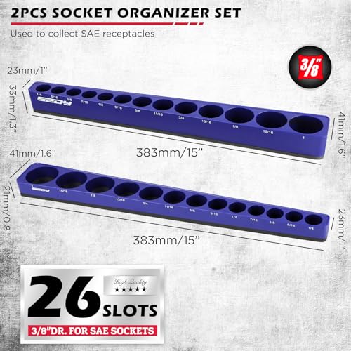 2-Piece 3/8"-Drive SAE Magnetic Socket Organizer Set (Holds 26 Sockets) - Detachable Tool Tray with 5mm Magnetic Base, Screw-Fixed Design & Heavy-Duty Modular Storage for Garage/Home Workshop
