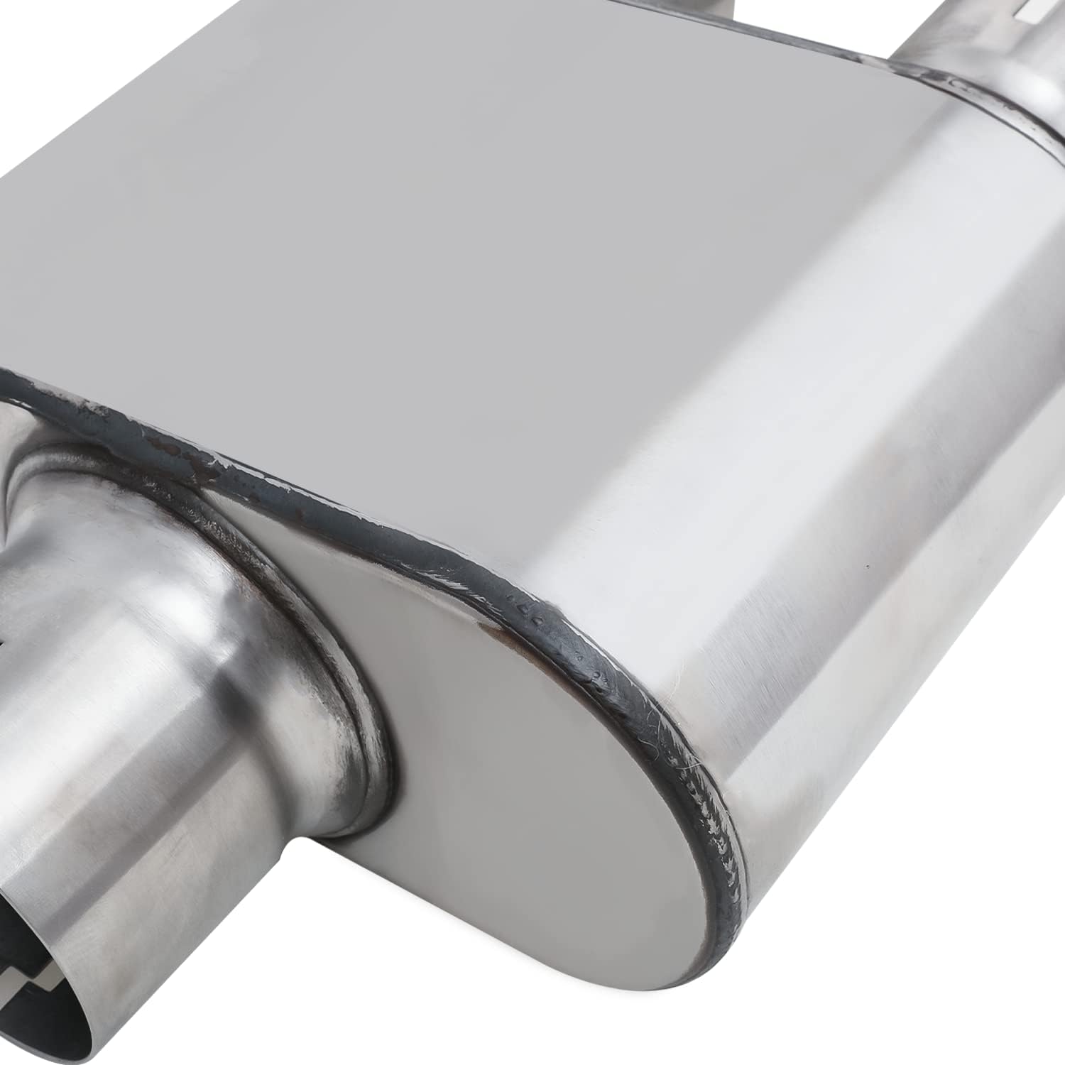 M-AUTO Single Chamber Muffler, 3" Inside Inlet and 2.5" Outlet Dual Universal 12" Overall Length Stainless Steel Exhaust Muffler Assembly, Chrome