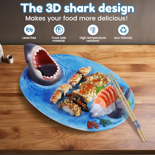 Image of Shark Plates, Upgraded 3-in-1 Shark Sushi Plate, Shark Sushi Plate, Shark Plate with Sauce Compartment, Food Safe Material, Microwave /Oven /Refrigerator /Dishwasher Safe (ellipse)