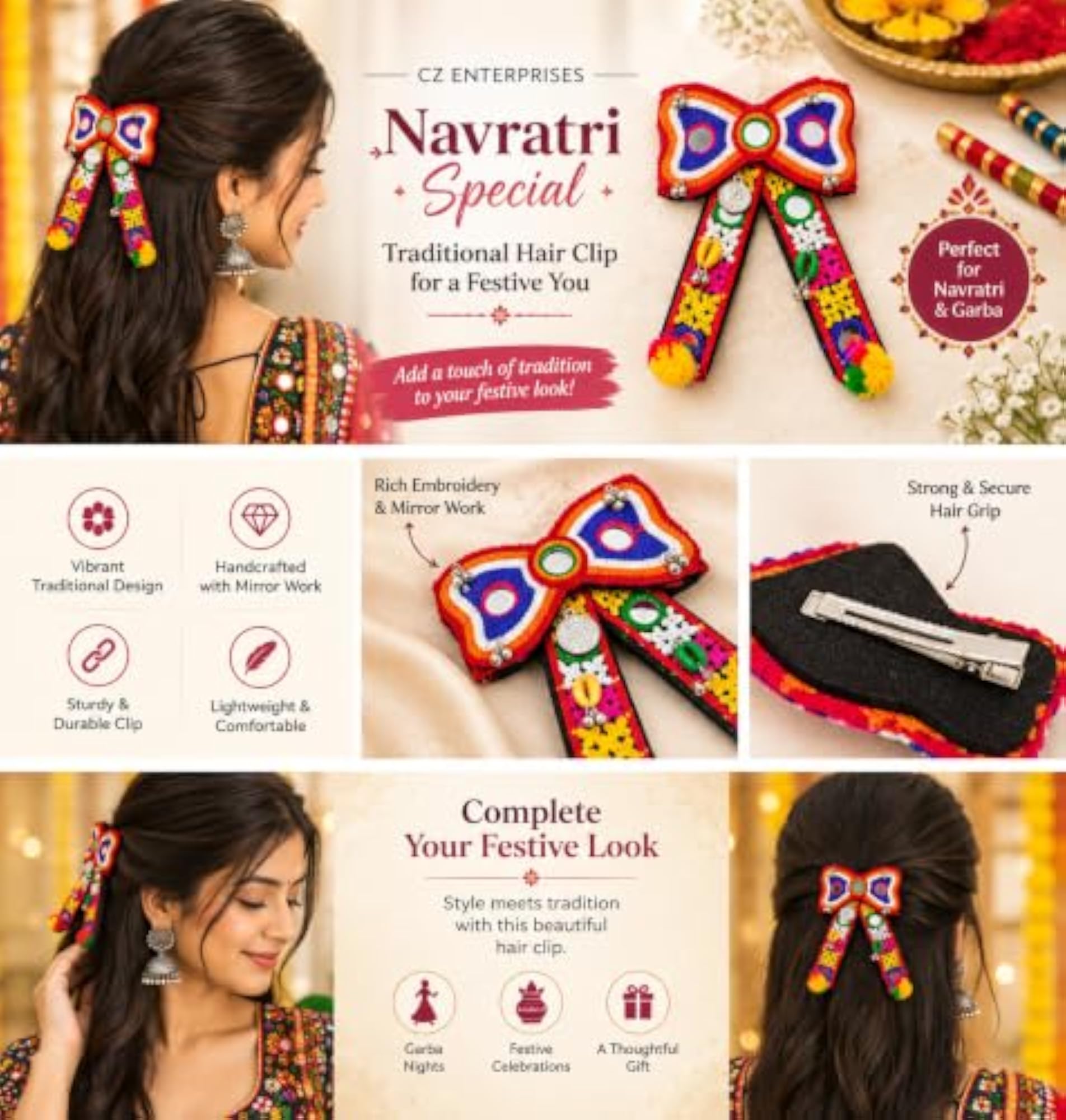 Traditional Multicolour Embroidered Hair Bow Clip