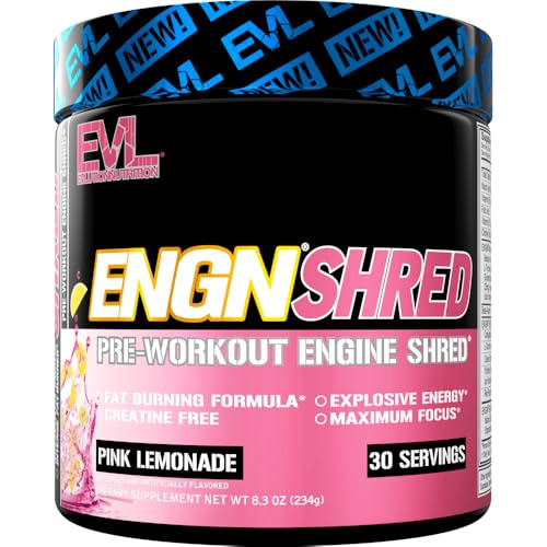 EVL Ultimate Pre Workout Powder - Thermogenic Fat Burn Support Preworkout Powder Drink for Lasting Energy Focus and Stamina - ENGN Shred Intense Creatine Free Preworkout Drink Mix - Pink Lemonade