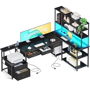 Coleshome Eckschreibtisch mit 5 Schubladen & 4 Regalen, 180×100cm Schreibtisch L-Form mit LED, Steckdosen & USB, großer Schreibtisch für Homeoffice, Schwarz
