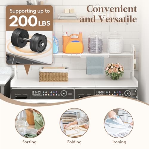 Image of Lifewit Washer Dryer Adjustable Countertop with Shelf, White, 54''x 27.5'' | Adjustable shelf, melamine top cover, edge rails and towel rack support up to 200 lb for laundry room storage