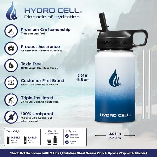 Image of HYDRO CELL Stainless Steel Insulated Water Bottle with Straw - For Cold & Hot Drinks - Metal Vacuum Flask with Screw Cap and Modern Leakproof Sport Thermos for Adults (Navy /White 14oz)