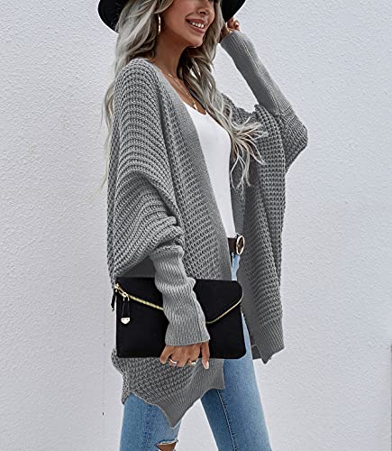 Image of Women's Waffle Cardigan Ribbed Cuffs Open Front Knit Sweater Batwing Long Sleeve Casual Loose Chunky Coat Outwear(XL,deep grey2)