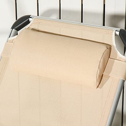 Outsunny 2 Pieces Foldable Outdoor Sun Lounger With Pillow, 5-Level Adjustable Reclining Lounge Chair, Aluminium Frame Camping Bed Cot, Khaki - 7