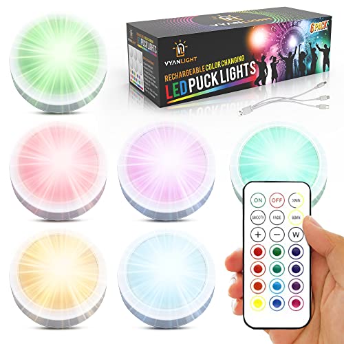 VYANLIGHT Rechargeable Puck Lights with 2 Remotes - 16 Color Changeable LED Puck Lighting - Battery Powered Dimmable Under Cabinet & Counter Lights (6 Pack)