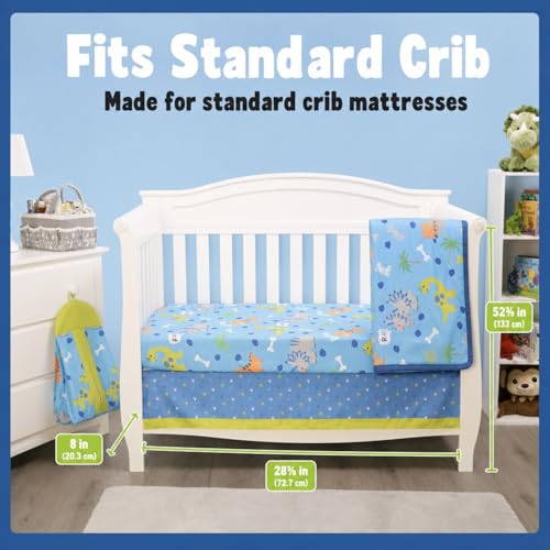 Image of EVERYDAY KIDS Dinosaur 4 Pc Crib Bedding and Nursery Set Includes Baby Bed Quilt, Fitted Sheet, Dust Ruffle and Diaper Stacker; Triceratops and T-Rex Dino Design for Baby Boys