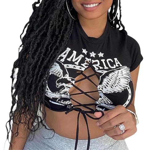 Remidoo Women's Sexy Lace Up Crop Top Short Sleeve Cropped T Shirt Cutout Graphic Tee3