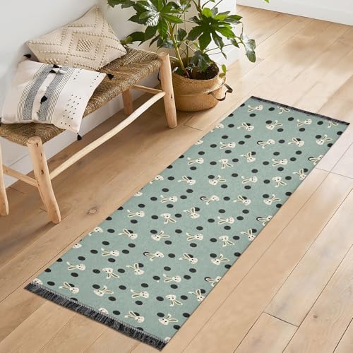 SUKAU フロアマット ウサギ柄 廊下 ラグ 洗える 60X180cm キッチンマット 滑り止め ロングマット 玄関マット 年中使える