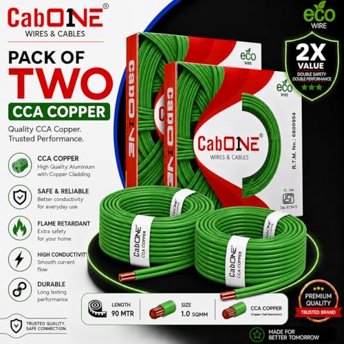 Image of CabONE 1.0 SQ.MM FR PVC Insulated Copper Electrical Wire, 90 Meter (Green, Pack of 2) | ISI Marked Fire Retardant Single Core Cable for Home Wiring